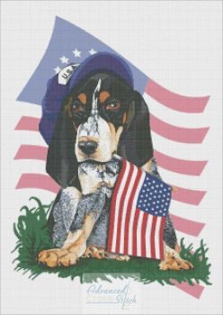 A patriotic basset hound dog proudly holding an American flag.