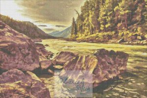 A beautiful River Bend cross stitch pattern featuring rocks and trees.