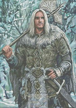 A Winter Warrior cross stitch pattern of a viking holding an axe.