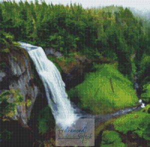 A cross stitch pattern featuring a stunning waterfall in the serene forest.