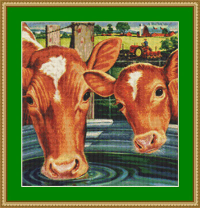 Cows Drinking at Farm Cross Stitch